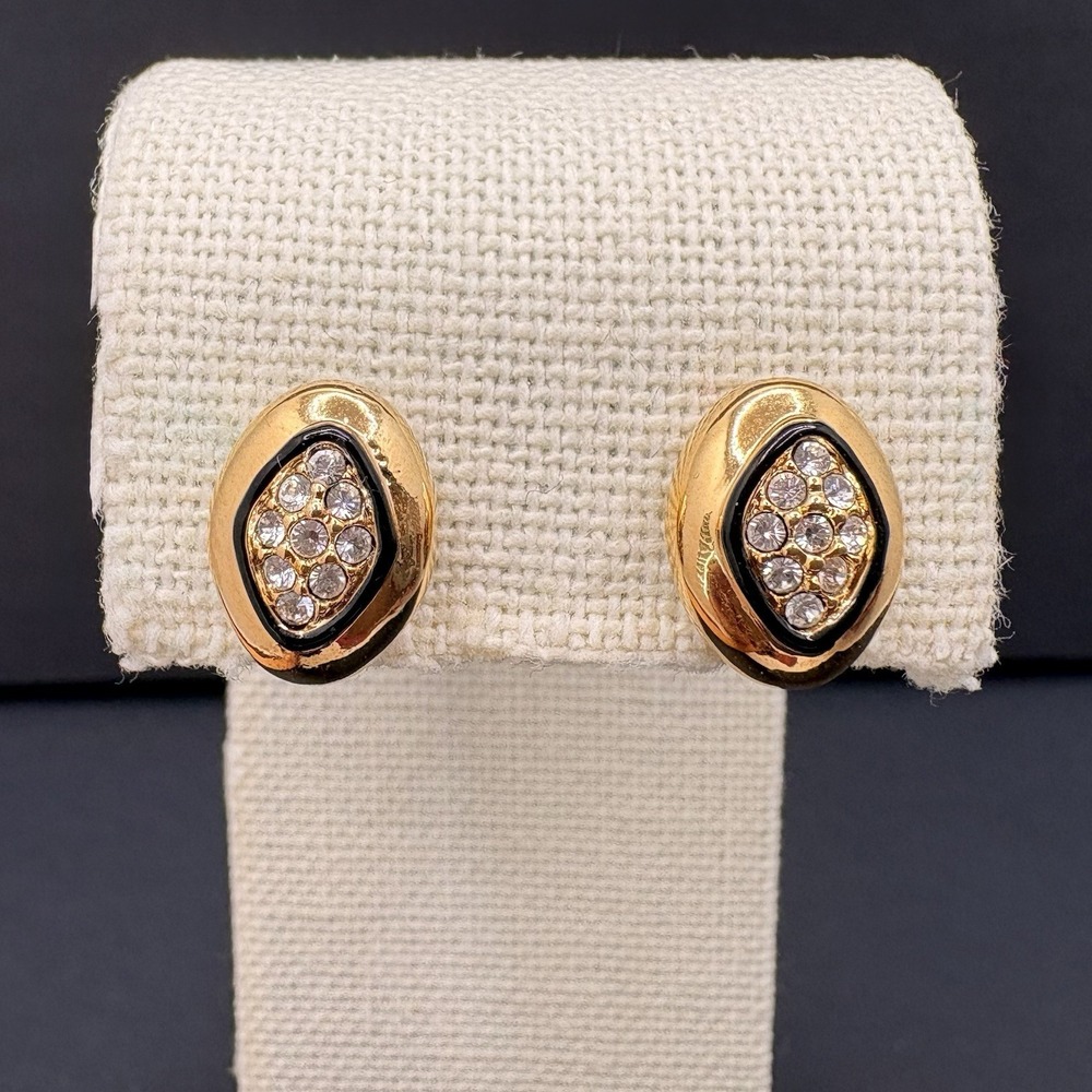 Vintage Swarovski Crystal Oval Stud Earrings Pierced Gold Tone Swan Signed